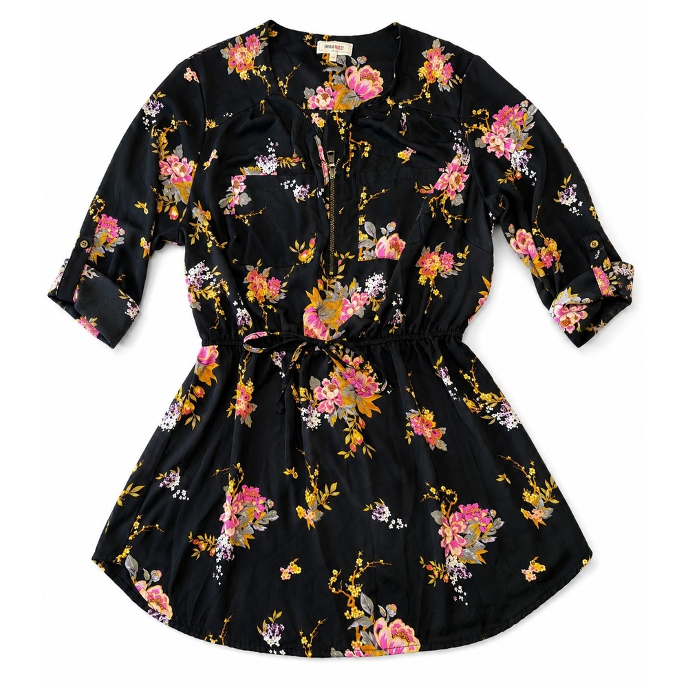 Stella Tweed Dark Floral Utility Shirt Dress Boho Lightweight Roll Tab Size 1x